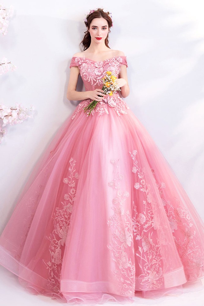 Pink Lace Ball Gown Formal Prom Dress With Flowers Wholesale 