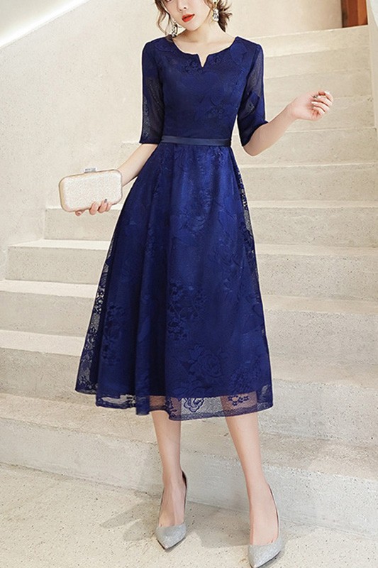 Royal Blue Midi Wedding Guest Dress With Half Sleeves J1569