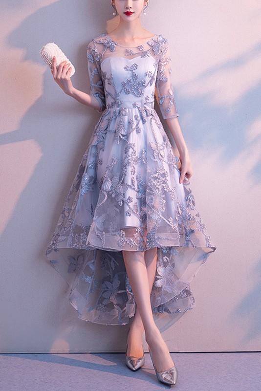 Modest Grey High Low Party Dress With Appliques Half Sleeves