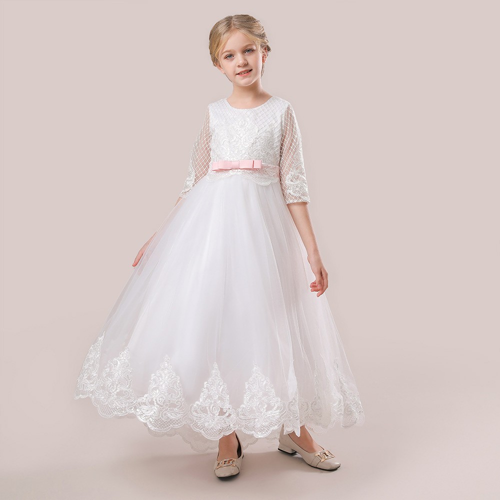 Elegant White Lace Flower Girls Dress with Half Sleeves MQ3680