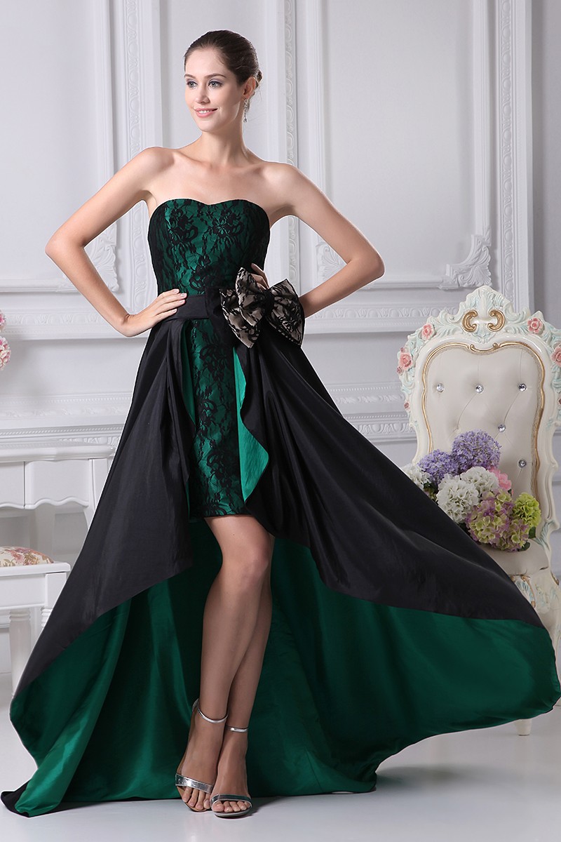 Black and Hunter Green Strapless Lace Bow Wedding Dress in Short Front