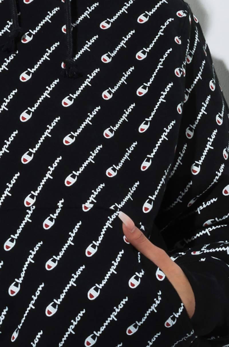 Champion Cotton Reverse Weave All Over Cursive Script Logo Hoodie in