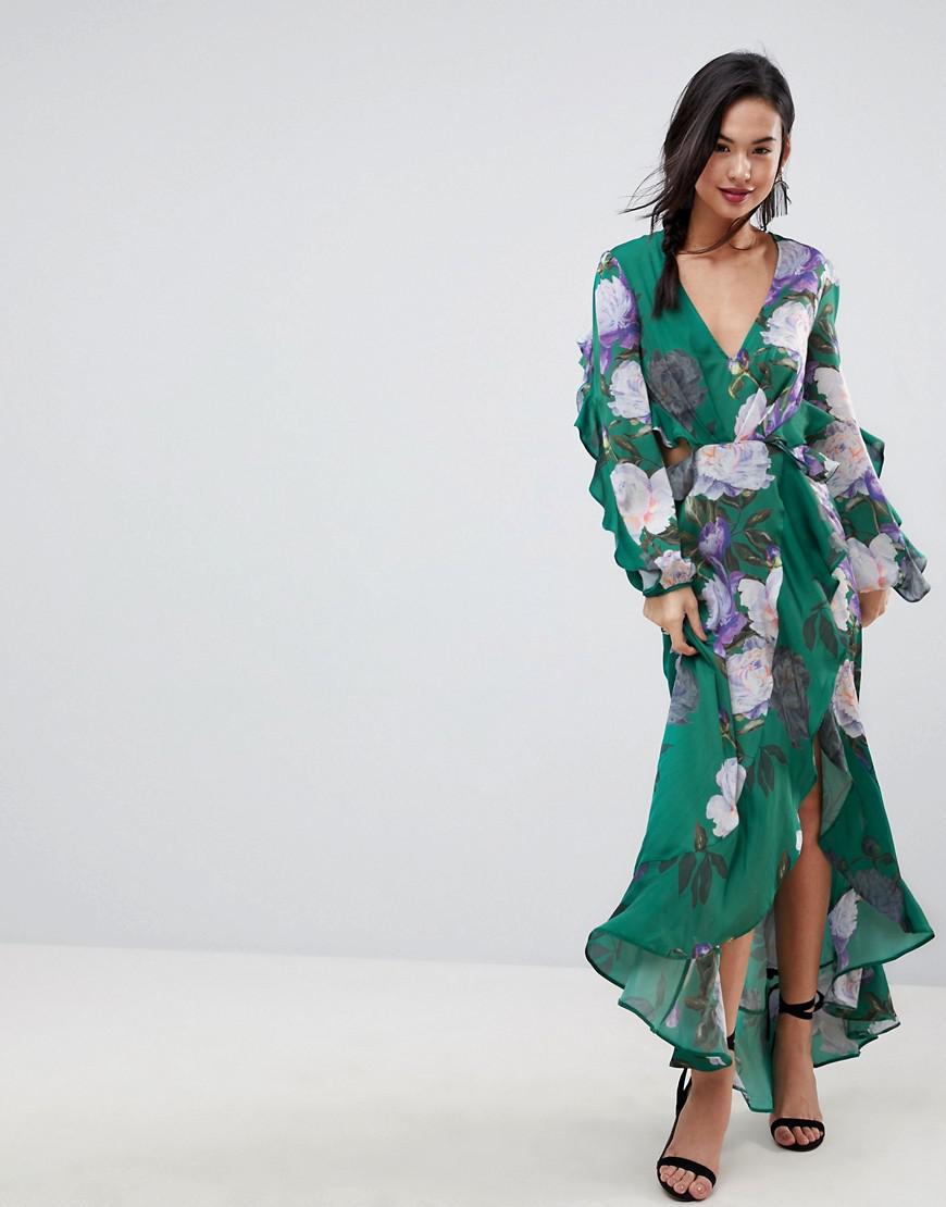 Lyst Asos Floral Print Ruffle Maxi Dress in Green