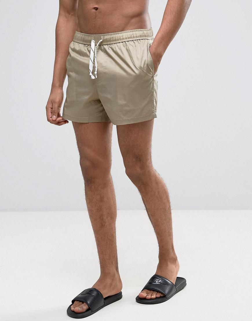 ASOS Synthetic Swim Shorts In Ripstop Nylon In Stone With Drawcord