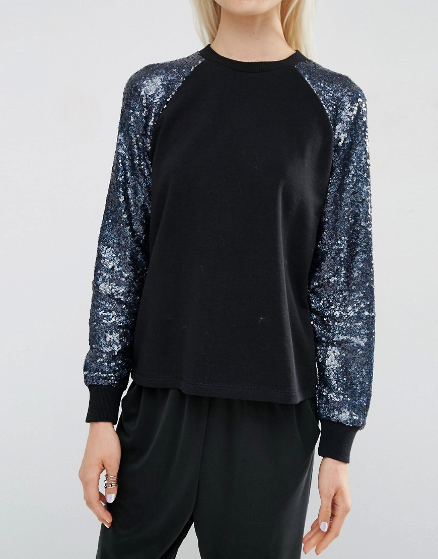 ASOS Sequin Sleeve Sweatshirt in Blue Lyst