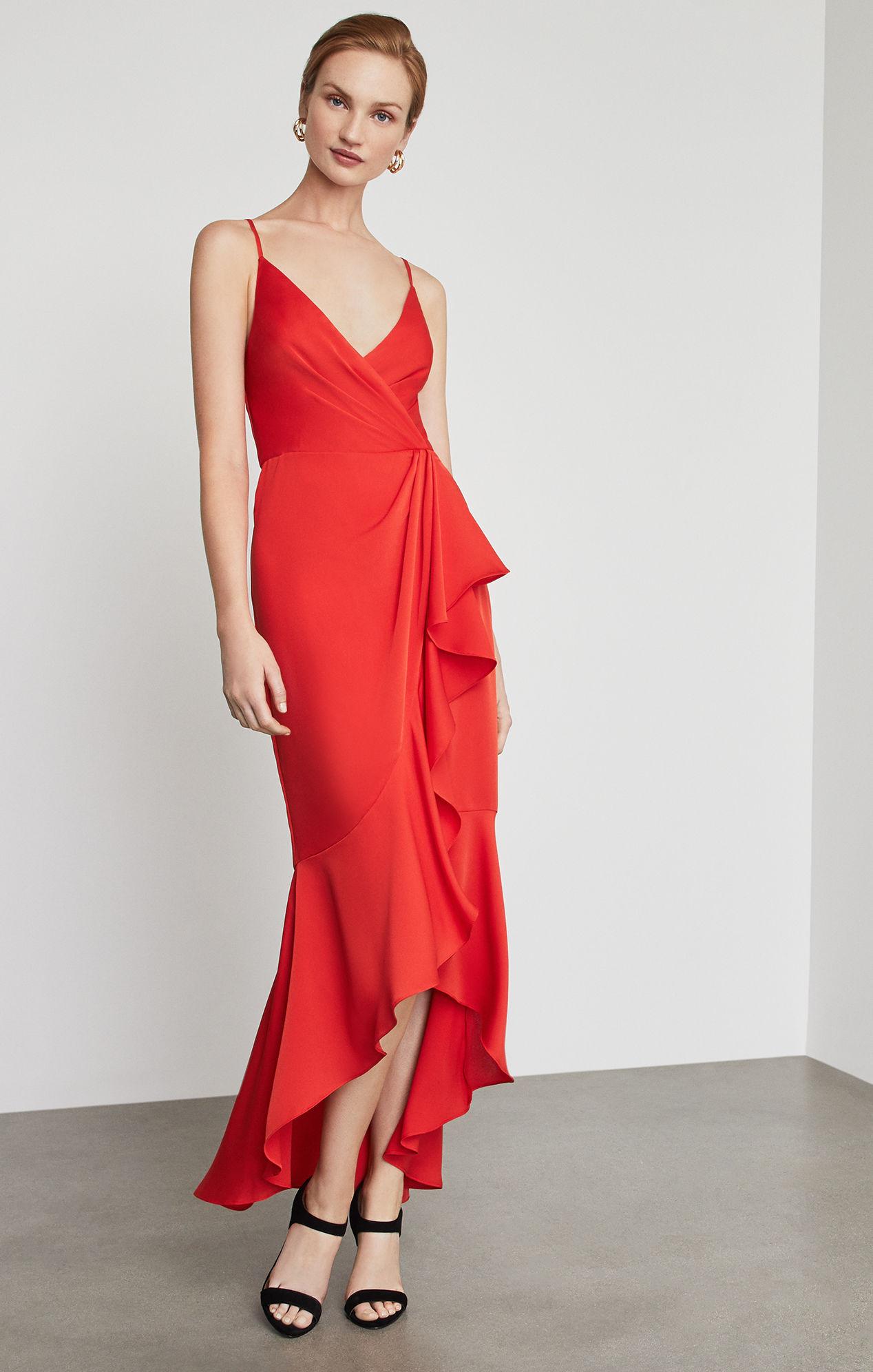 BCBGMAXAZRIA Satin Bcbg Faux Wrap Ruched Ruffle Dress in Bright Red