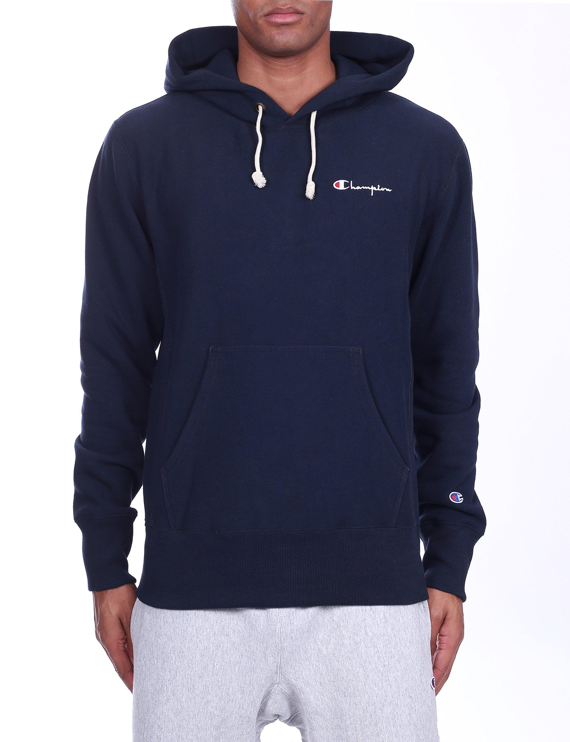 Champion Cotton Small Script Logo Reverse Weave Hoodie in Dark Blue