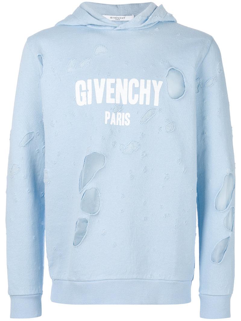 Givenchy Distressed Hoodie in Blue for Men Lyst