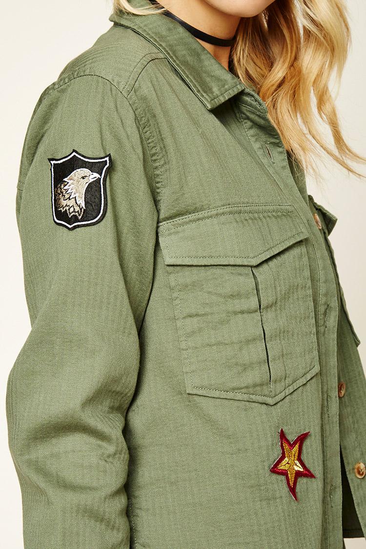 Forever 21 Cotton Women's Contemporary Army Patch Jacket in Olive