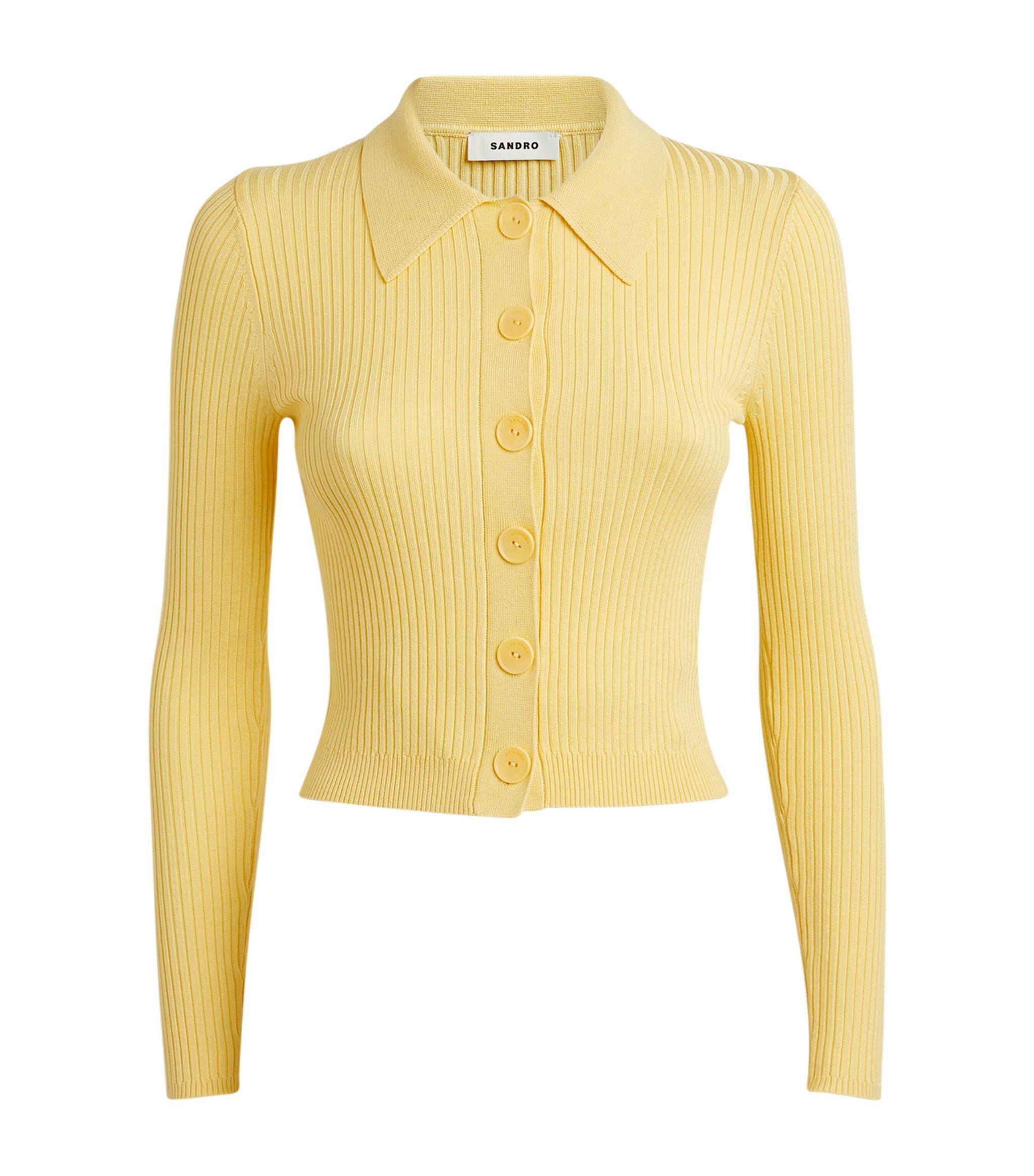 Sandro Collared Ribknit Cardigan in Yellow Lyst