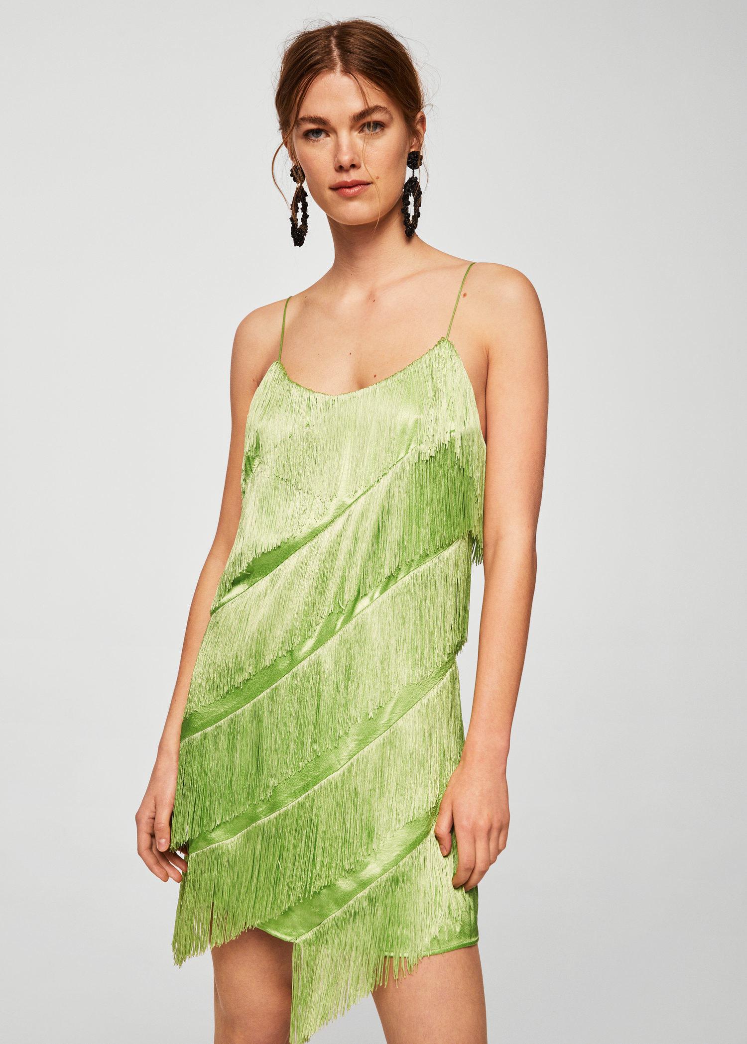 Mango Satin Fringe Dress in Green Lyst