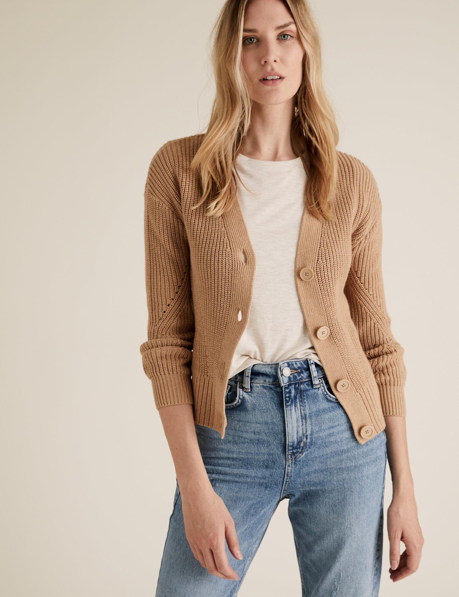 Marks & Spencer Cotton Ribbed Cardigan With Wool in Camel (Natural) Lyst