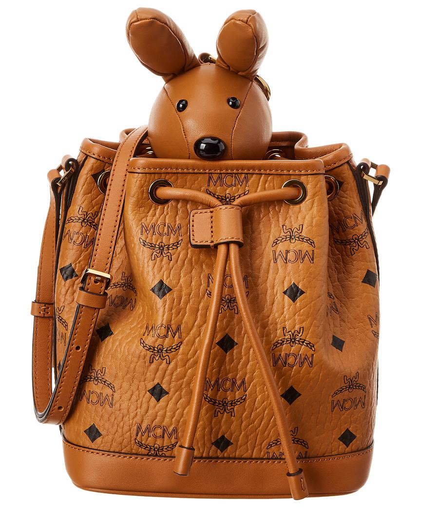 MCM Canvas Rabbit Visetos Drawstring Bucket Bag in Brown