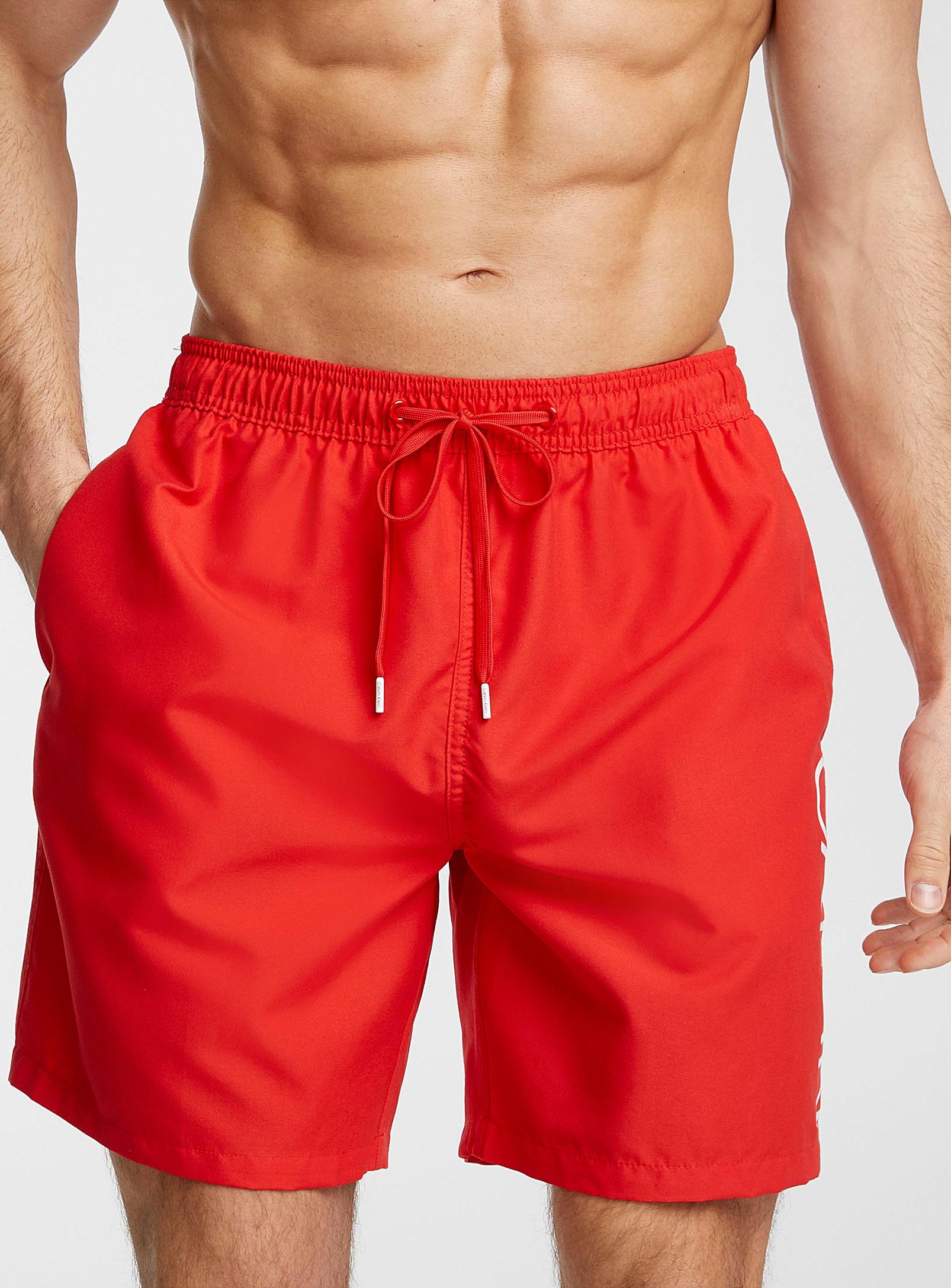 Calvin Klein Solid Logo Swim Trunk in Red for Men Lyst