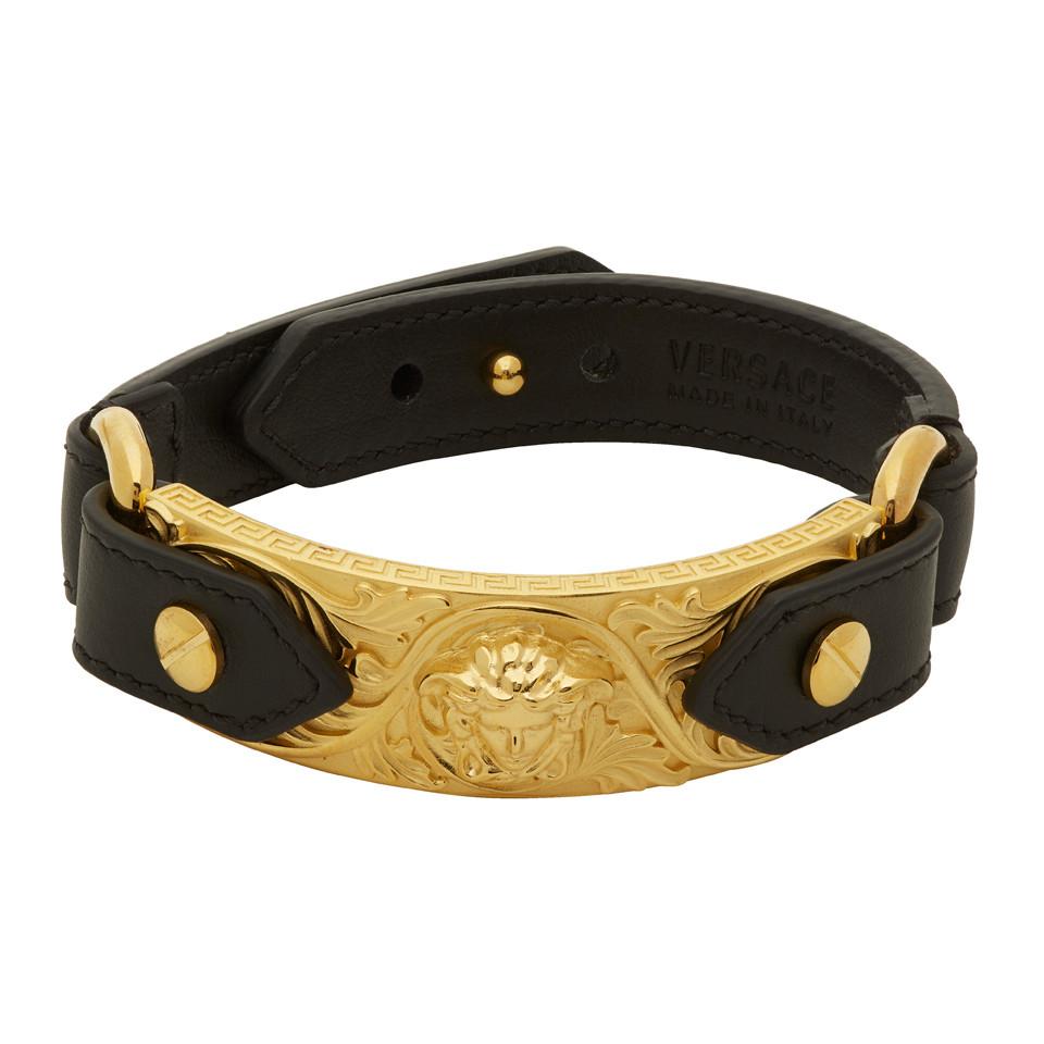 Versace Black And Gold Leather Medusa Bracelet for Men Lyst