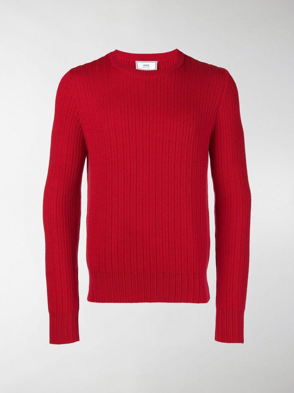 AMI Wool Ribbed Crew Neck Sweater in Red for Men Lyst