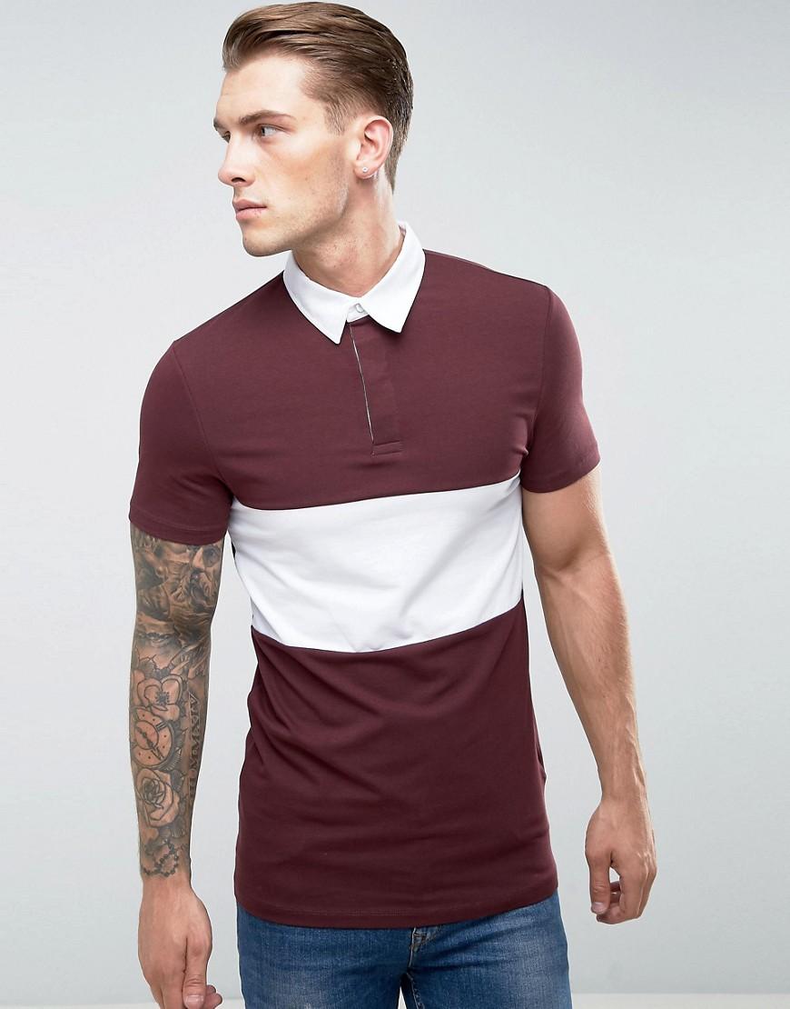 Asos Longline Muscle Rugby Polo Shirt In Oxblood With Contrast Panel in