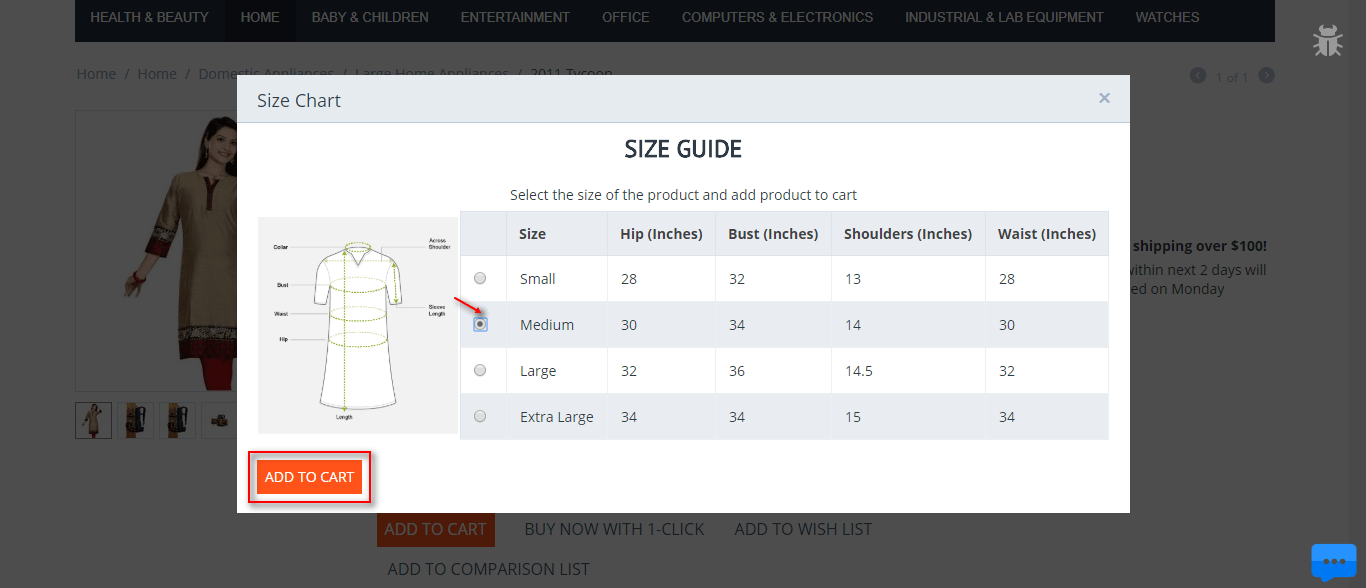 CSCart Size Chart Comprehensive Size Guide popup