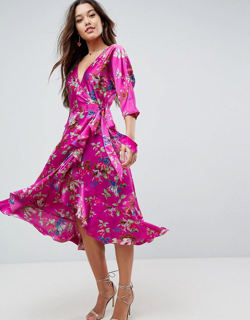 Lyst Asos Wrap Ruffle Midi Dress In Floral Print in Pink