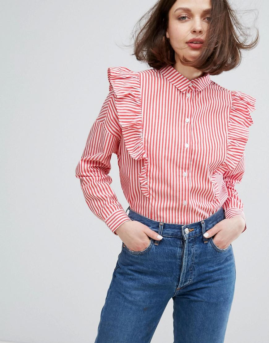 Lyst Monki Stripe Ruffle Shirt in Red