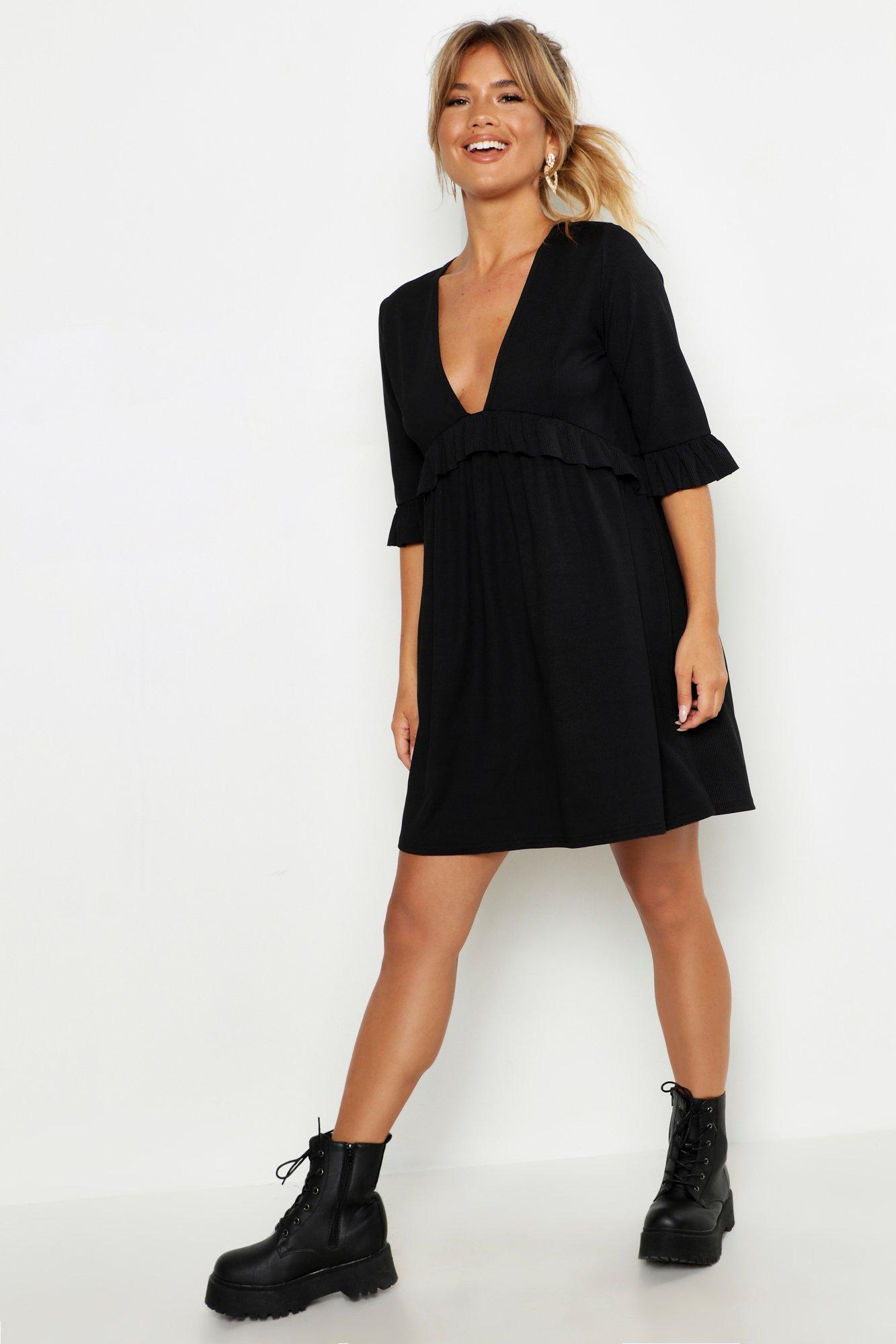 Boohoo Ribbed Ruffle Smock Dress in Black Lyst