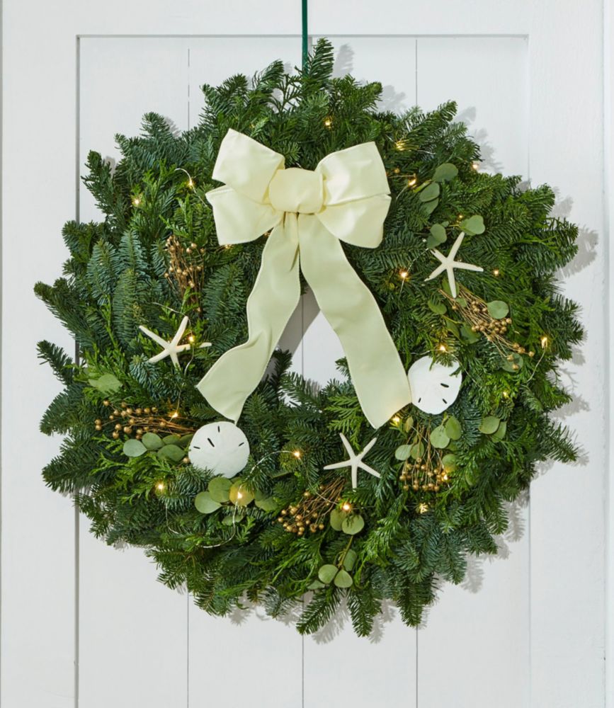 Llbean Christmas Wreaths Coastal Evergreen Christmas Wreath, Lighted 24" Fresh Wreaths