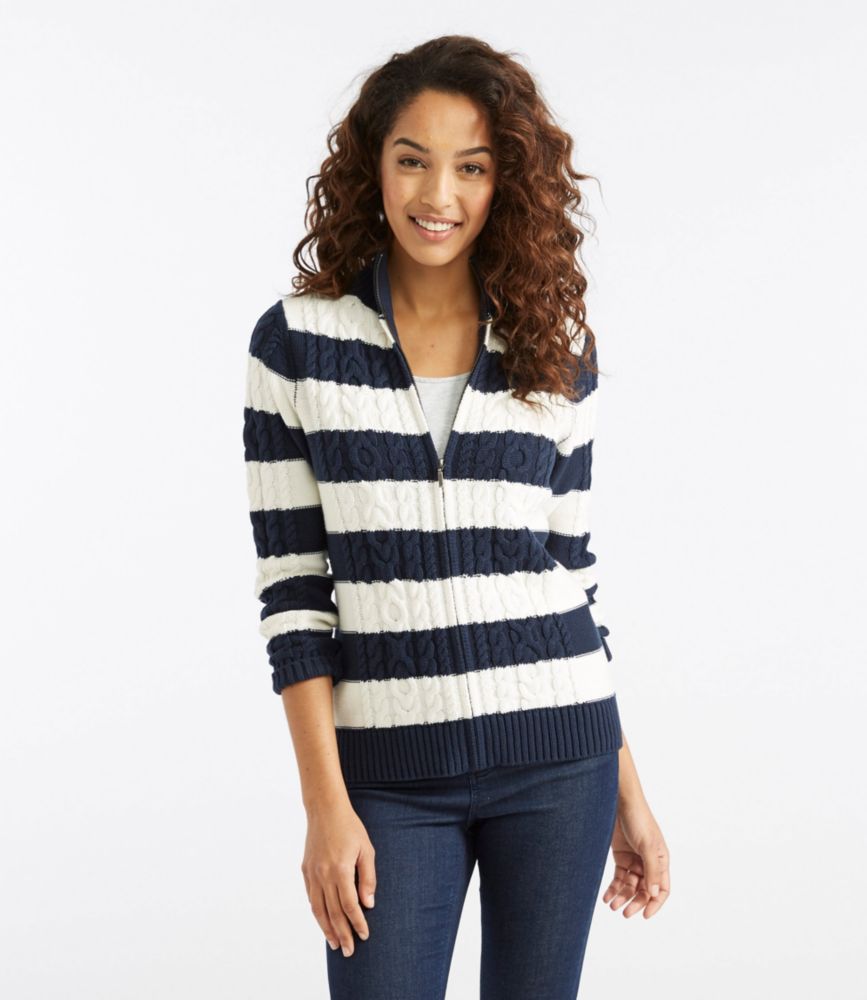 Women's Double L Mixed Cable Sweater, ZipFront Cardigan Stripe