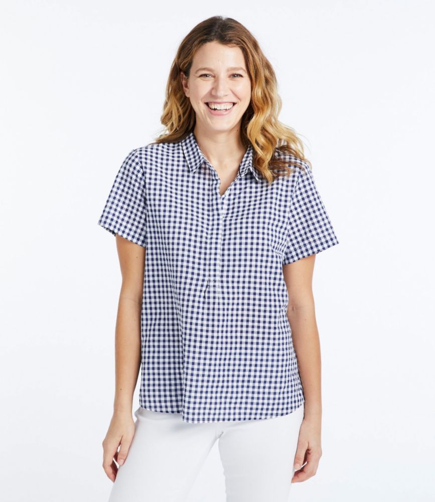 Women's Textured Cotton Popover Shirt, ShortSleeve Gingham Shirts