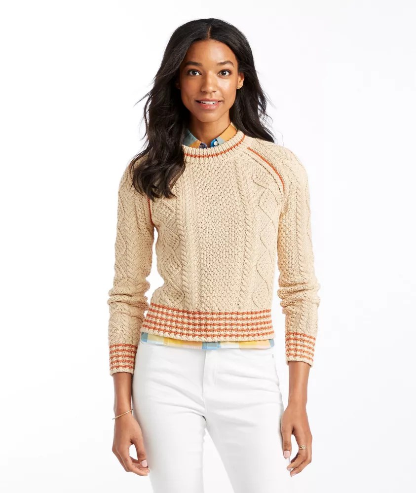 Women's Signature Cotton Fisherman Sweater, Crewneck Tipped