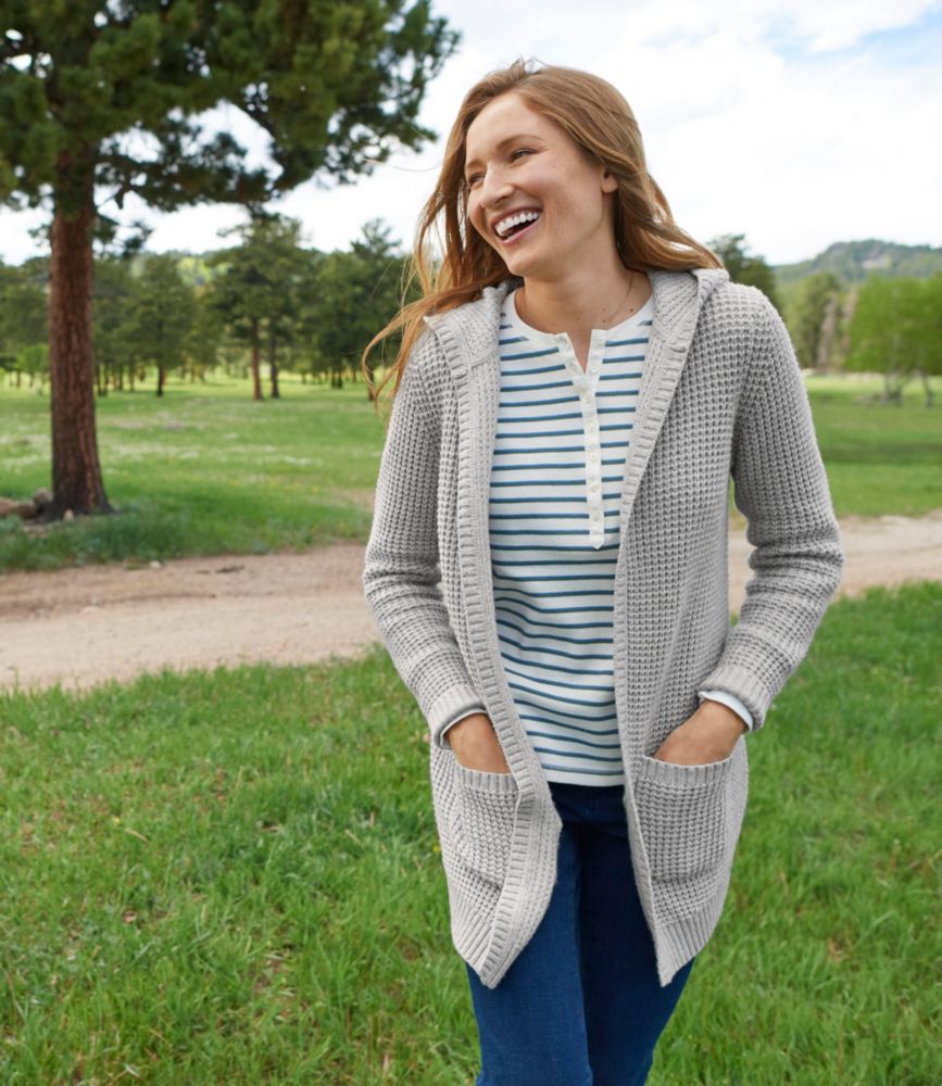 Women's WaffleStitch Sweater, Hooded Open Cardigan