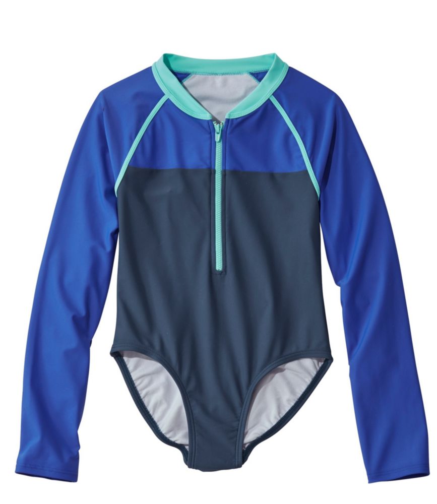 Girls' Watersports Swimsuit Onepiece Long Sleeve, Colorblock