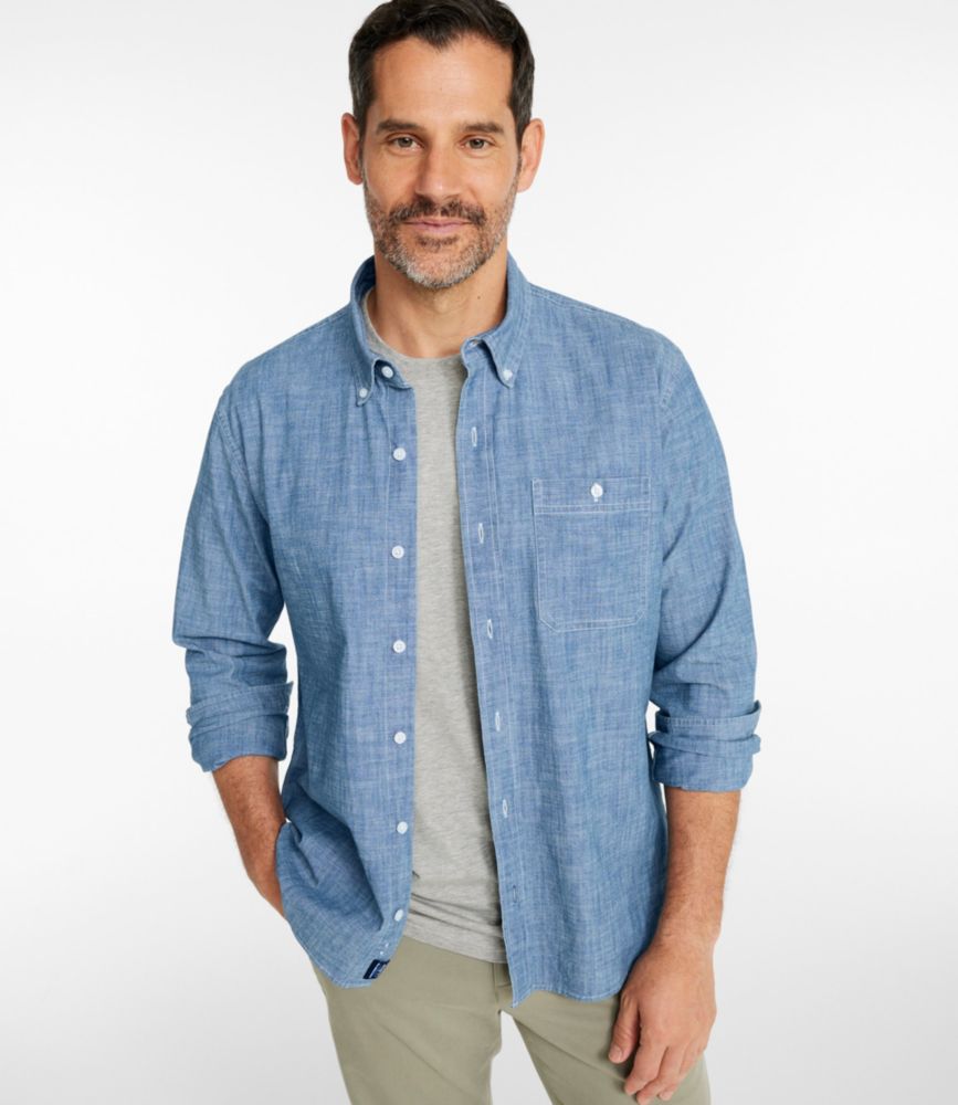 Men's Comfort Stretch Chambray Shirt, LongSleeve, Slightly Fitted
