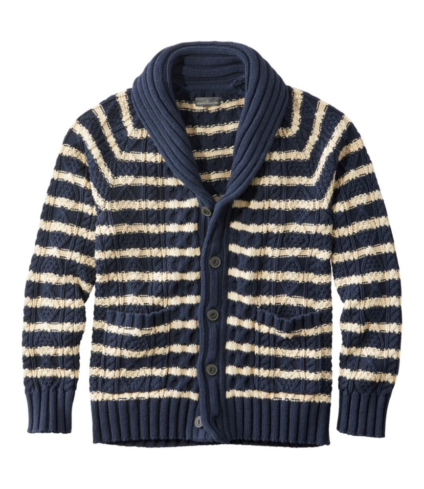 Men's Signature Cotton Fisherman Sweater, ShawlCollar Cardigan, Stripe