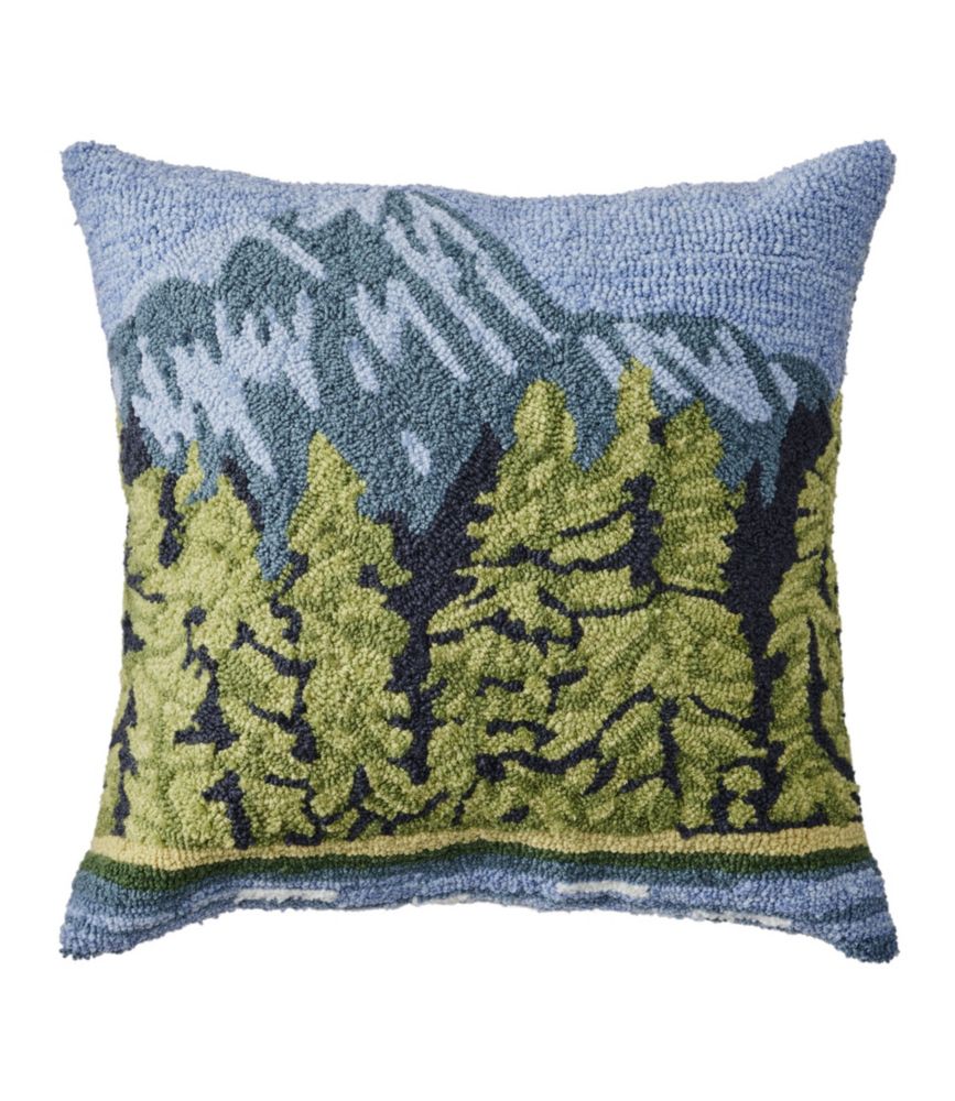 Indoor/Outdoor Hooked Pillow, Lakeside Mountain Scene Throw Pillows