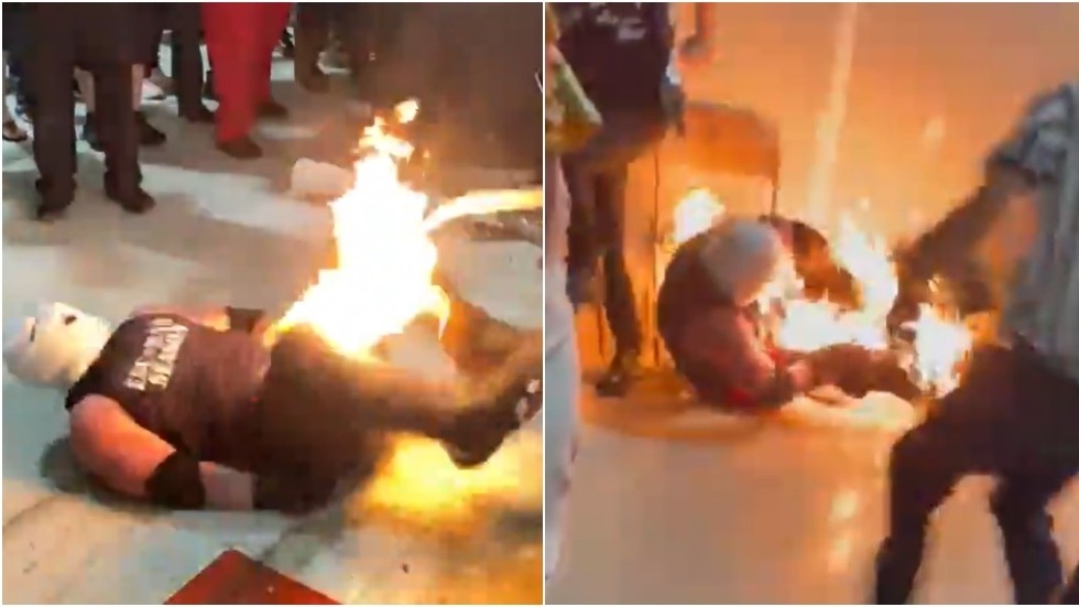 Playing with fire Wrestler goes viral after erupting into