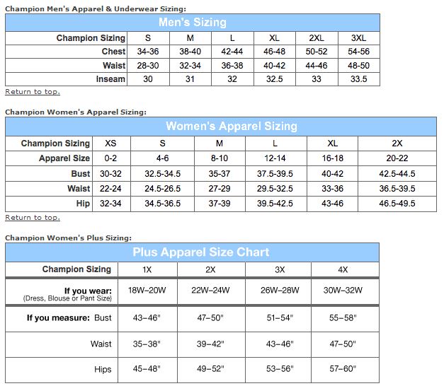 Champion® Apparel Size Chart