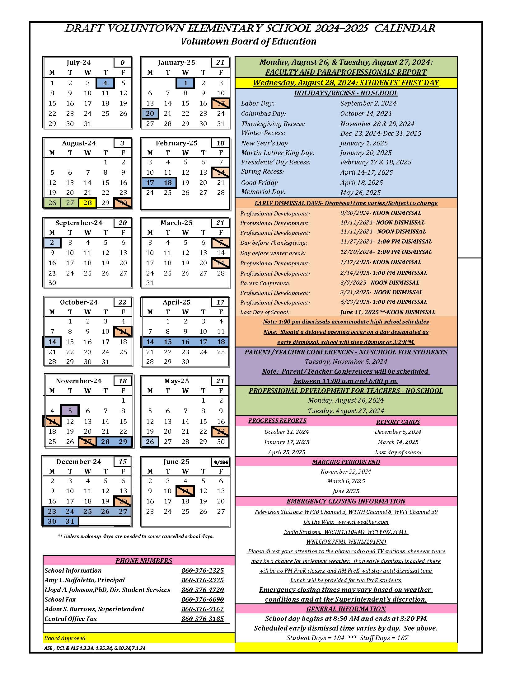 School Calendar 20242025 Voluntown Elementary School
