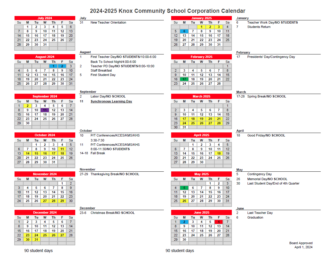 2425 Approved School Calendar Knox Community School Corporation