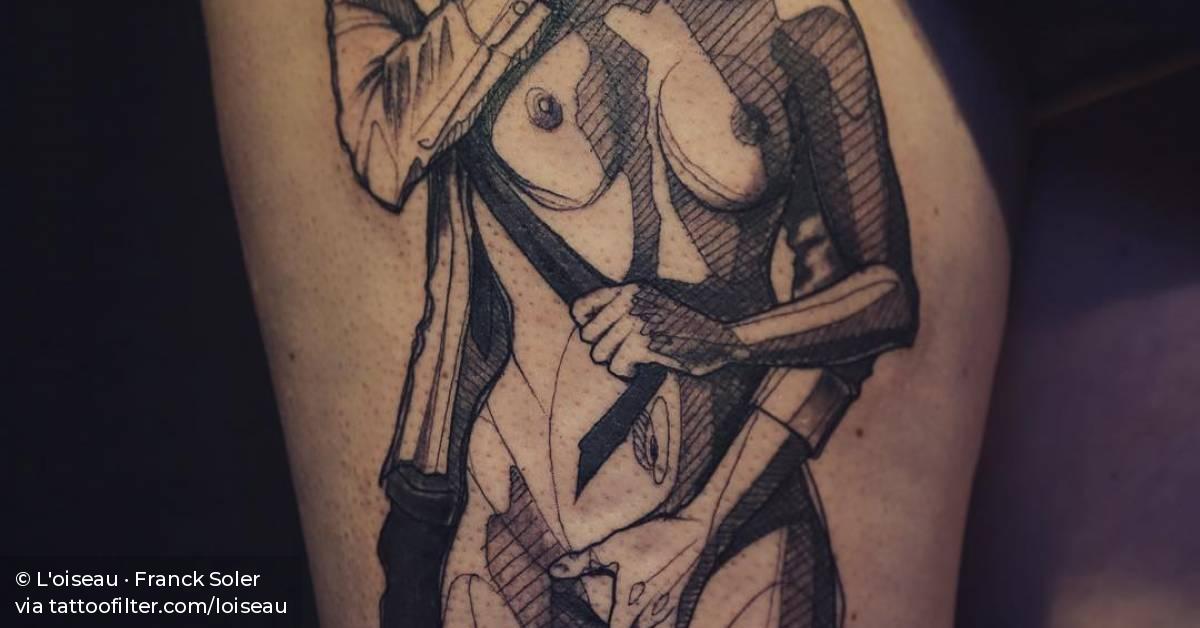 Sketch work style bdsm tattoo on the right thigh.