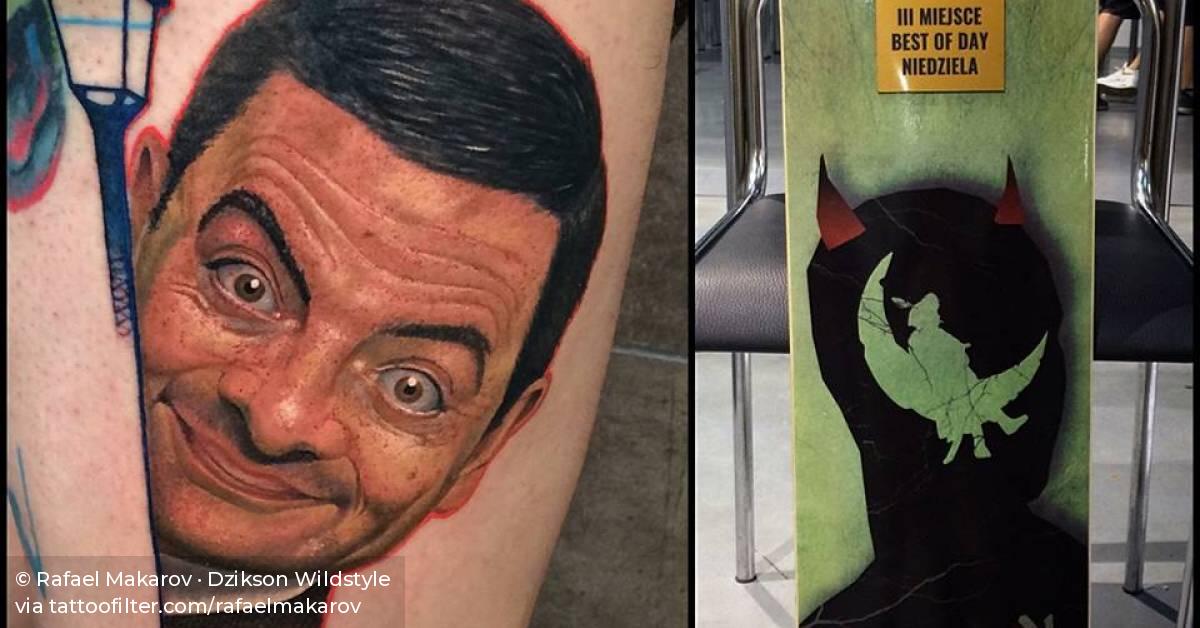 Realistic Mr. Bean portrait tattoo on the left thigh.