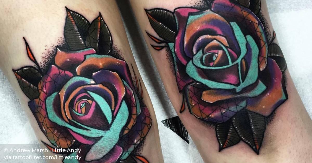 Matching Pop Art Rose Tattoos On Both Knees. 628_x_1200_jpg