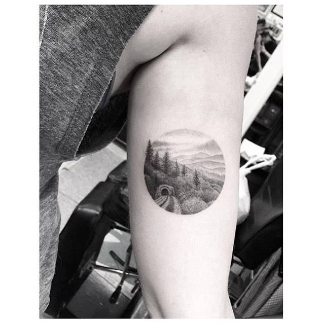 Fine Line Style Landscape Circle Tattoo On The Left 637_x_637_jpg