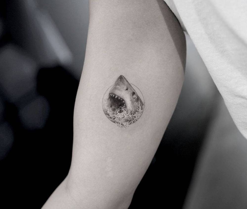 Single Needle Shark Tattoo On The Inner Arm. 848_x_1000_jpg