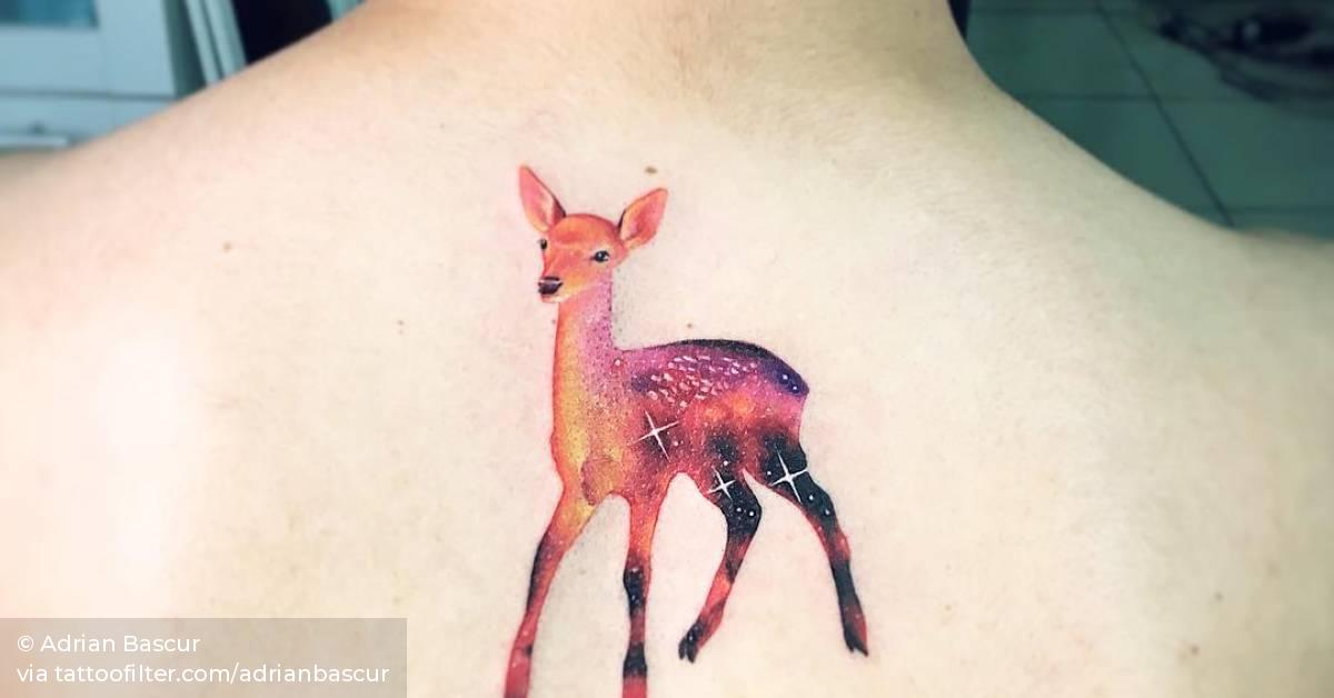 Fawn tattoo on the upper back.