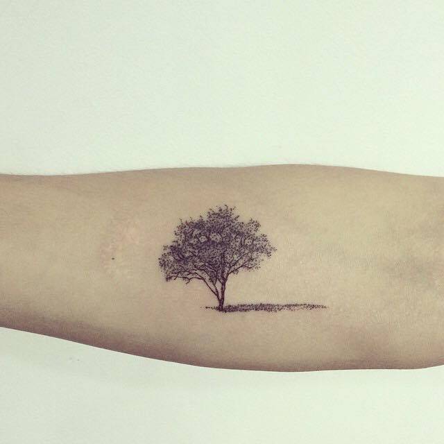 Forearm tattoo of a tree.