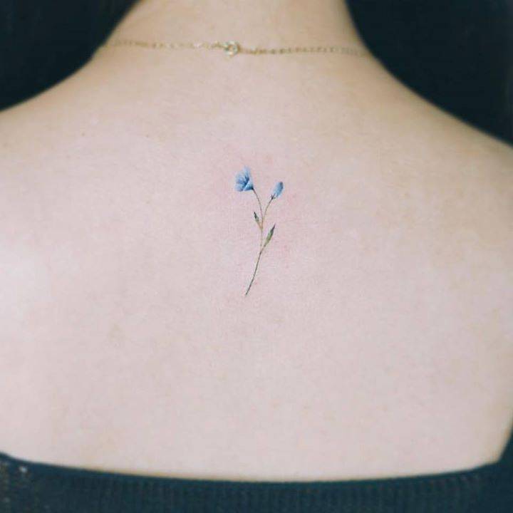 Blue flower tattoo on the upper back.