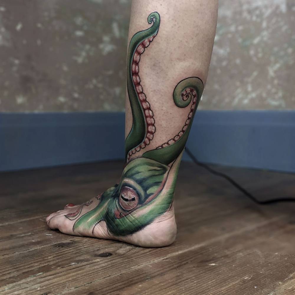 Realistic Octopus Tattoo On The Left Ankle. 1000_x_1000_jpg