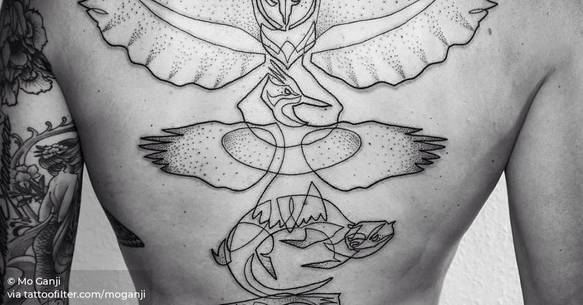 Continuous line drawing tattoo on the back.
