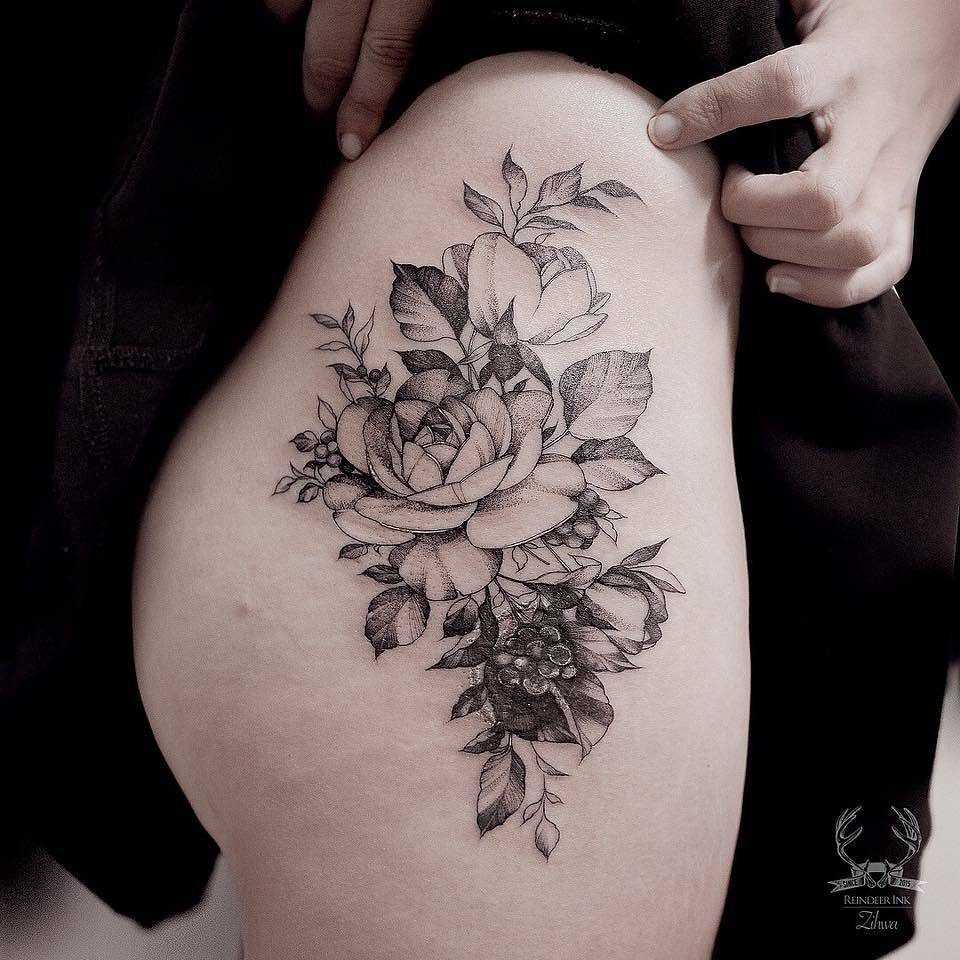 Flower bouquet cover up tattoo.