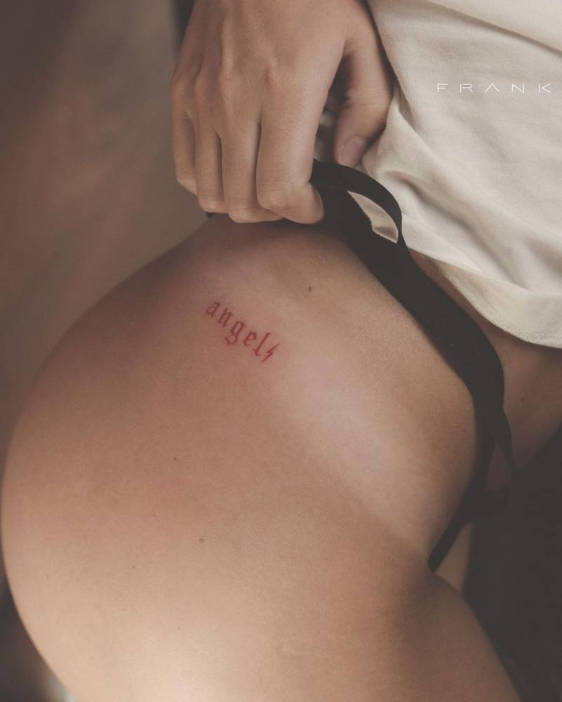 Angel⚡️ Lettering Tattoo On The Hip